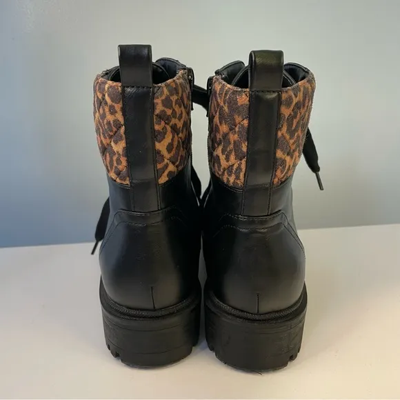 Nine West Wylie Black &amp; Leopard Combat Boots Size 8