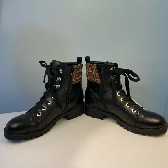 Nine West Wylie Black &amp; Leopard Combat Boots Size 8