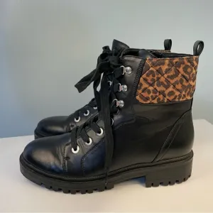 Nine West Wylie Black &amp; Leopard Combat Boots Size 8