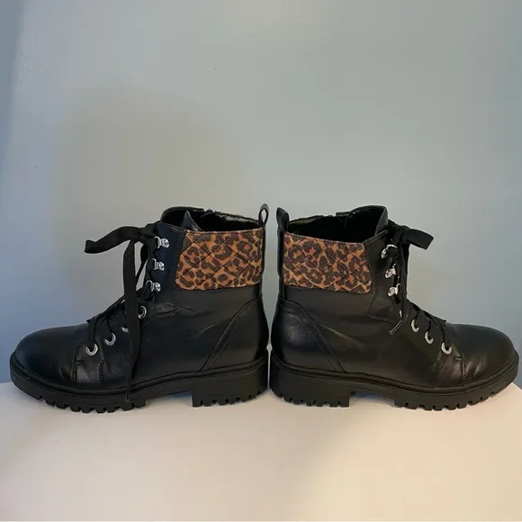 Nine West Wylie Black &amp; Leopard Combat Boots Size 8
