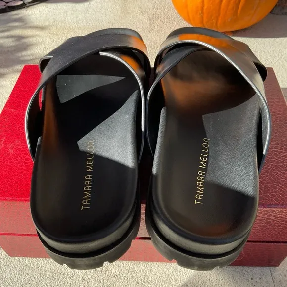 “NWB” Tamara Mellon Dwell Black Leather Cross Band Slides Women’s Size 11 (41.5)