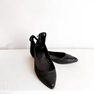 NWOB JOIE Temple Ballet Flats Black Snakeskin Ankle Strap Sz 39