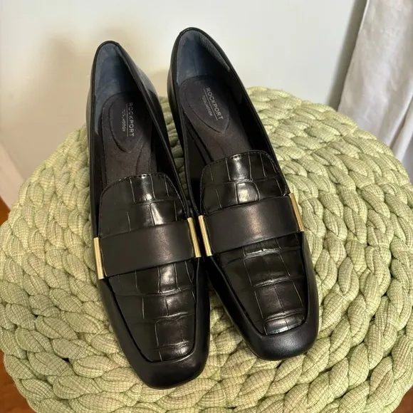 NWOB Rockport Total Motion Esma Black  Leather Square Croc Toe Heel Loafers