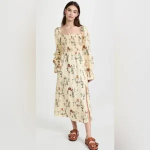 NWOT Jolene Joshua Tree Butter Yellow Print Shirred Western Print Dress