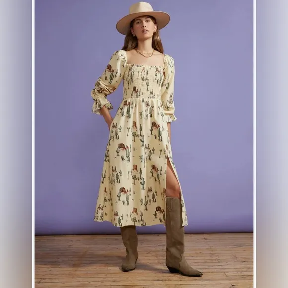 NWOT Jolene Joshua Tree Butter Yellow Print Shirred Western Print Dress