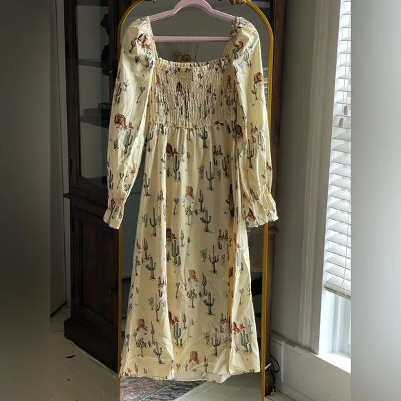 NWOT Jolene Joshua Tree Butter Yellow Print Shirred Western Print Dress