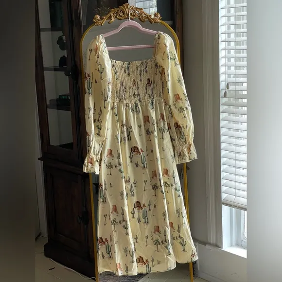 NWOT Jolene Joshua Tree Butter Yellow Print Shirred Western Print Dress