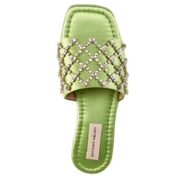 NWT Antonio Melani Dacie Satin Jeweled Flat Square Toe Slides Algae Green Size:7