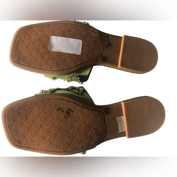 NWT Antonio Melani Dacie Satin Jeweled Flat Square Toe Slides Algae Green Size:7