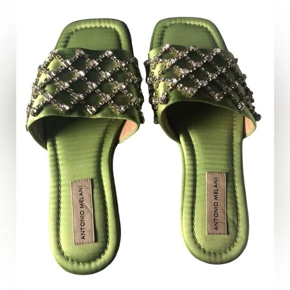 NWT Antonio Melani Dacie Satin Jeweled Flat Square Toe Slides Algae Green Size:7