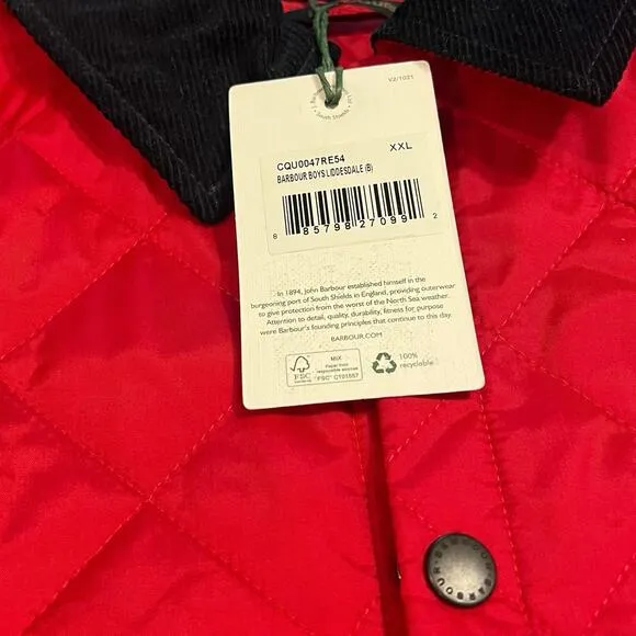 NWT Barbour Liddesdale Red Quilted Jacket Boy’s Size XXL 2XL 14 Corduroy Collar