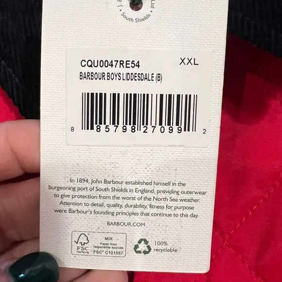 NWT Barbour Liddesdale Red Quilted Jacket Boy’s Size XXL 2XL 14 Corduroy Collar