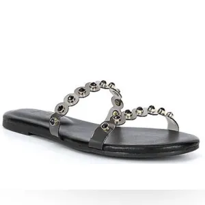 NWT Deltan Vinyl Black Rhinestones Embellished Banded Slides Sandals Size: 10