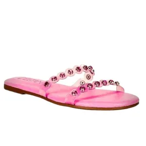 NWT Deltan Vinyl Pink Rhinestones Embellished Banded Slides Sandals Size: 7.5