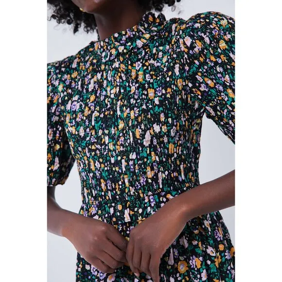 NWT Hyacinth House Black Multi Floral Smocked Samantha Midi Dress, Size XS