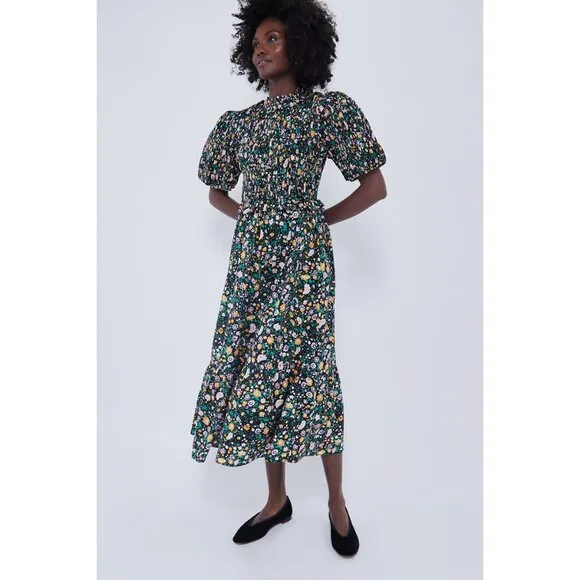 NWT Hyacinth House Black Multi Floral Smocked Samantha Midi Dress, Size XS