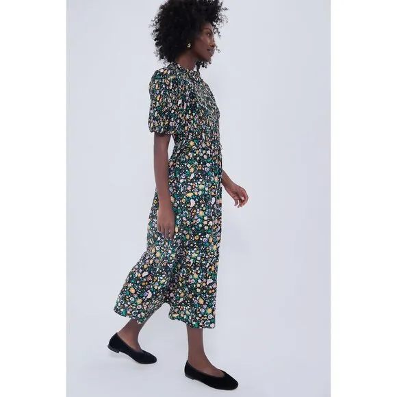 NWT Hyacinth House Black Multi Floral Smocked Samantha Midi Dress, Size XS