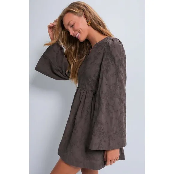 NWT Hyacinth House Brown Textured Becca Bell-Sleeved Mini Dress