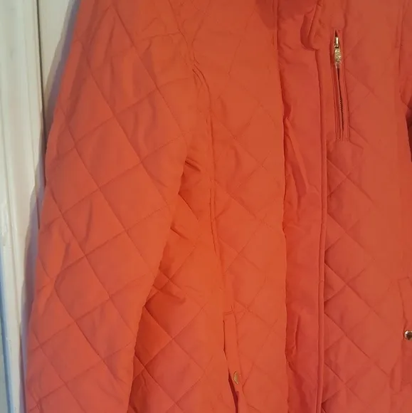 NWT Ralph Lauren Orange Coral Gold Quilted Belted Jacket Coat Size L