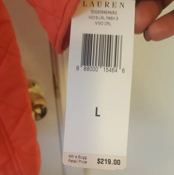 NWT Ralph Lauren Orange Coral Gold Quilted Belted Jacket Coat Size L