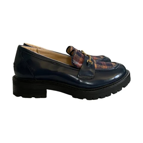 NWT SAM EDELMAN Kids Baltic Navy &amp; Rust Tully Lug Sole Plaid Loafers Sz 4