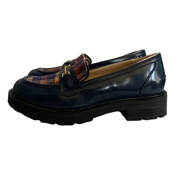 NWT SAM EDELMAN Kids Baltic Navy &amp; Rust Tully Lug Sole Plaid Loafers Sz 4