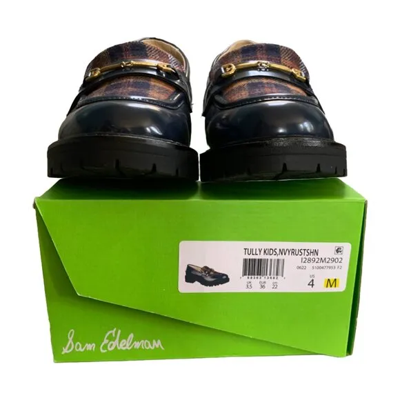 NWT SAM EDELMAN Kids Baltic Navy &amp; Rust Tully Lug Sole Plaid Loafers Sz 4