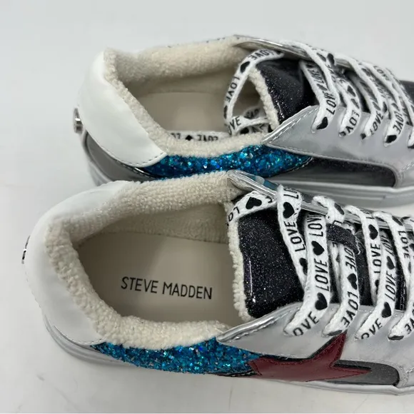 NWT Steve Madden Rezume Pewter Glitter Star Metallic Girls Sneakers