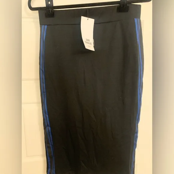 NWT ZARA Black Blue Side Stripe Athleisure Cute Pencil Jersey Midi Skirt Large L