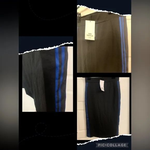 NWT ZARA Black Blue Side Stripe Athleisure Cute Pencil Jersey Midi Skirt Large L