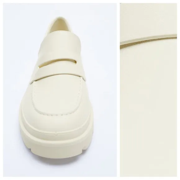NWT. Zara Off White Faux Leather Low Heel Lug Sole Platform Loafers. Size 9.