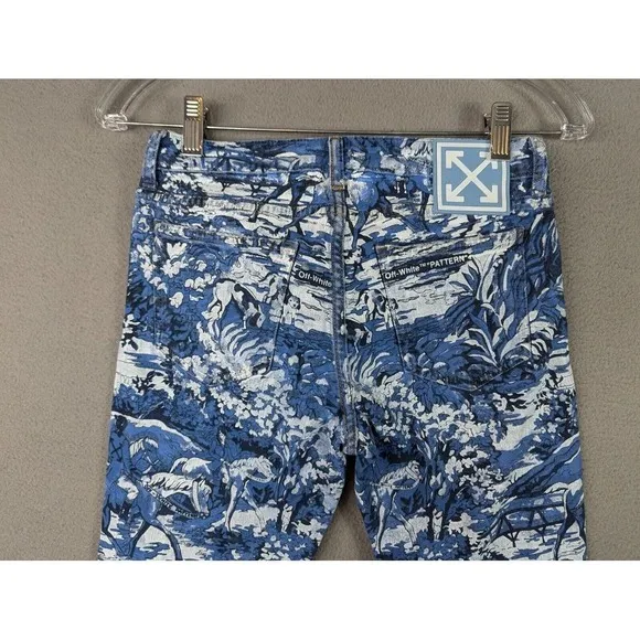 Off White Tapestry Denim Main Label Skinny Jeans Artsy Pants Blue Womens Size 26