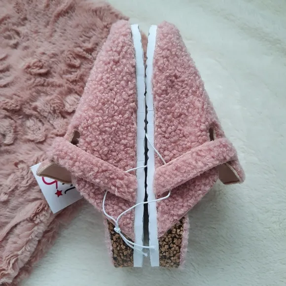 Olivia Miller Faux Fur Sherpa Buckle Strap Slip On Cork Flats Blush 2 NEW