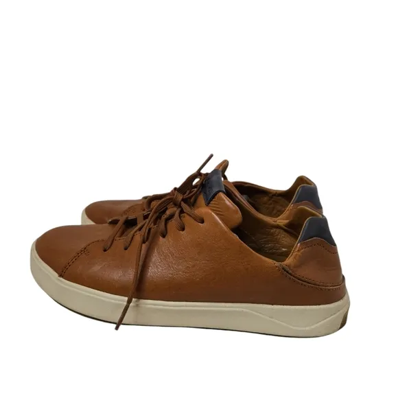 OluKai Men's Lae'ahi Lī 'Ili Leather Lace Up Sneakers- Fox Tan Brown - 9 M