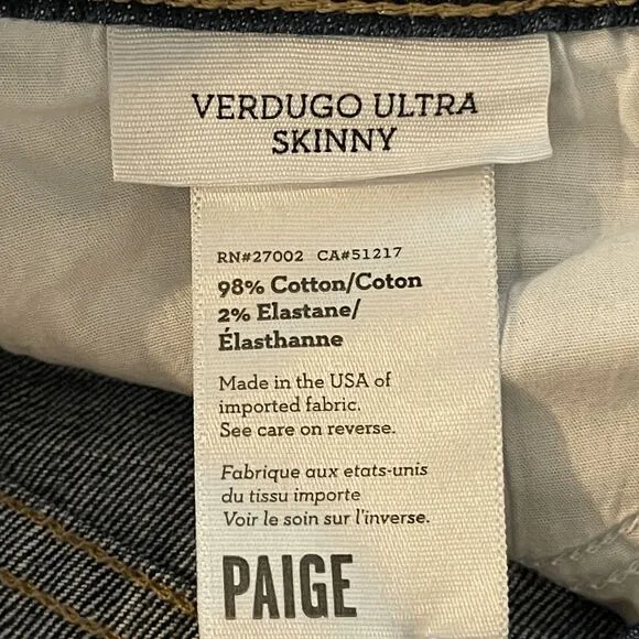 Paige Verdugo Ultra Skinny Jeans Distressed Medium Wash Denim Size 26 Low-rise
