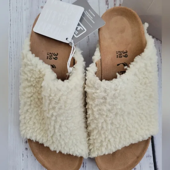 Papillio by Birkenstock Namica Teddy Eggshell Shearling Mules Slides NEW