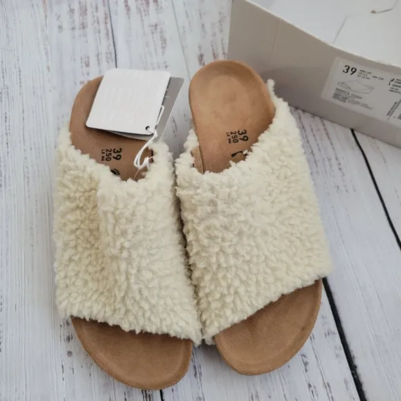 Papillio by Birkenstock Namica Teddy Eggshell Shearling Mules Slides NEW