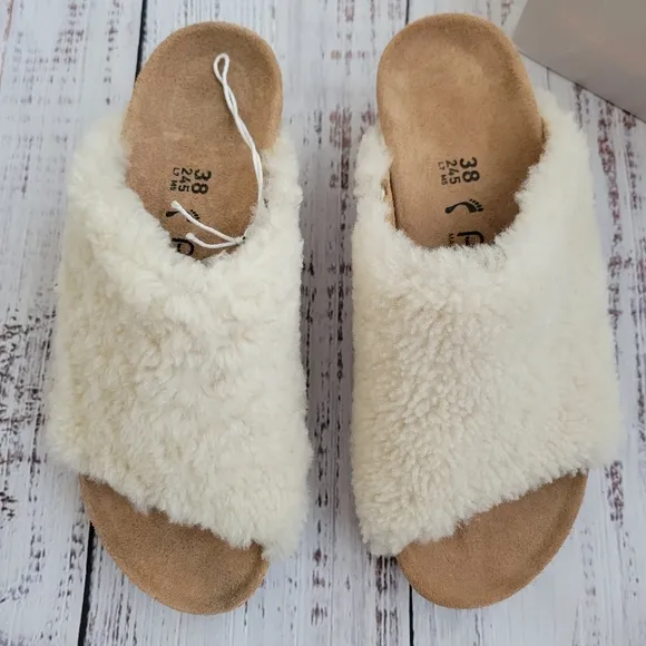 Papillio by Birkenstock Namica Teddy Eggshell Shearling Mules Slides NEW