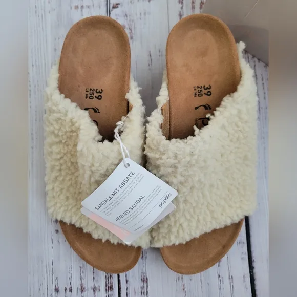 Papillio by Birkenstock Namica Teddy Eggshell Shearling Mules Slides NEW
