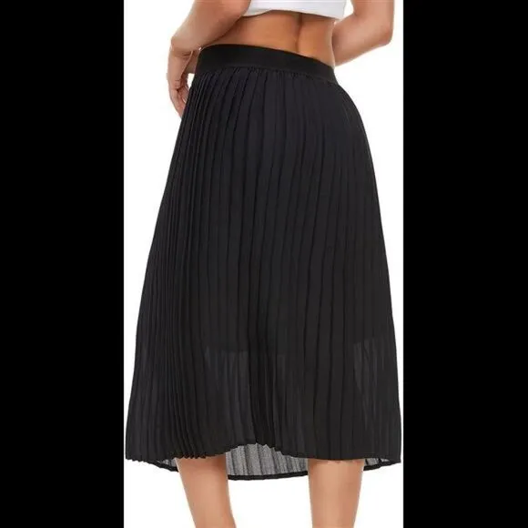 Pleated Midi Skirt,High Waist Swing Boho Pleated Elastic A-line Long Skirts