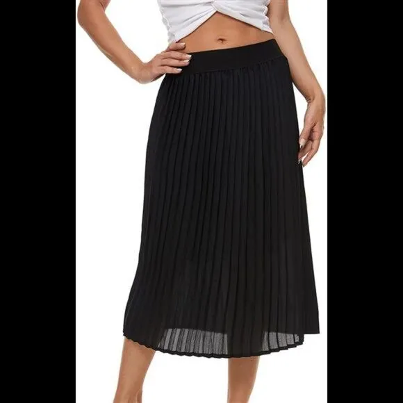 Pleated Midi Skirt,High Waist Swing Boho Pleated Elastic A-line Long Skirts