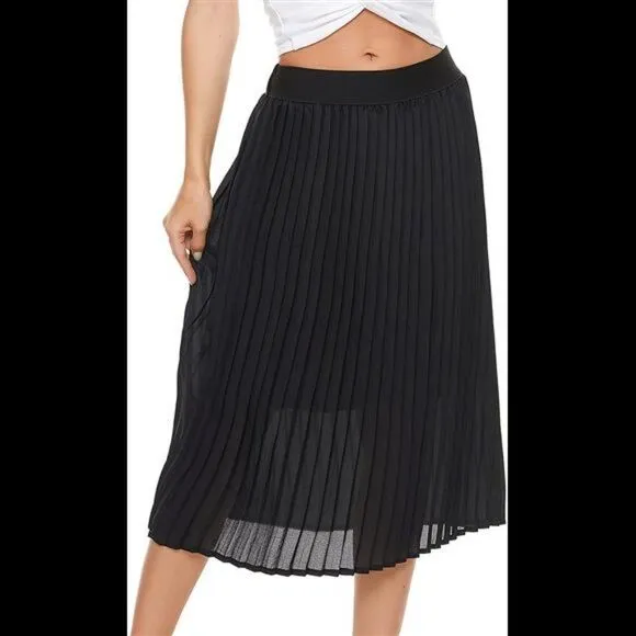 Pleated Midi Skirt,High Waist Swing Boho Pleated Elastic A-line Long Skirts