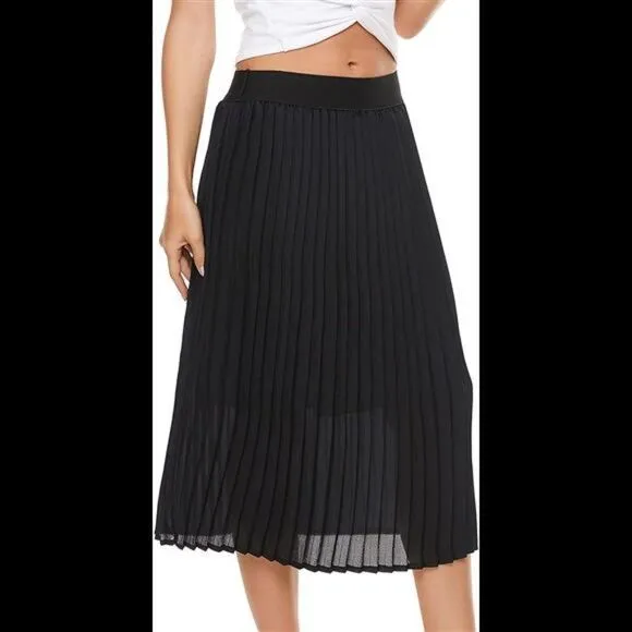 Pleated Midi Skirt,High Waist Swing Boho Pleated Elastic A-line Long Skirts