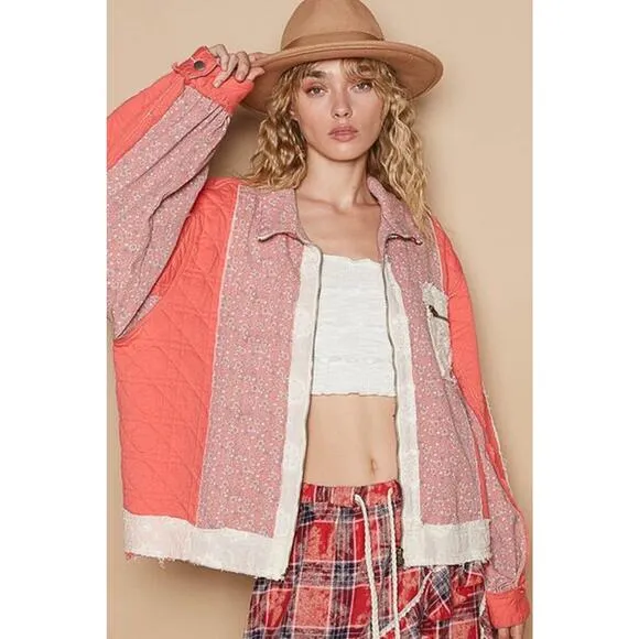 POL Floral Patchwork Zip Up Balloon Sleeves Chest Pocket Quilted Jacket | Coral
