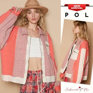 POL Floral Patchwork Zip Up Balloon Sleeves Chest Pocket Quilted Jacket | Coral