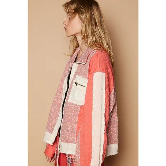 POL Floral Patchwork Zip Up Balloon Sleeves Chest Pocket Quilted Jacket | Coral