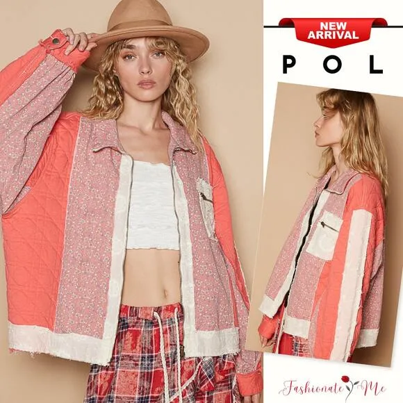 POL Floral Patchwork Zip Up Balloon Sleeves Chest Pocket Quilted Jacket | Coral