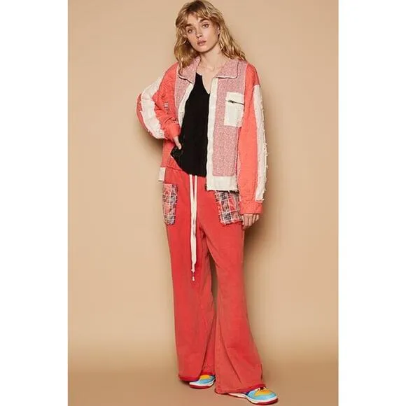 POL Floral Patchwork Zip Up Balloon Sleeves Chest Pocket Quilted Jacket | Coral