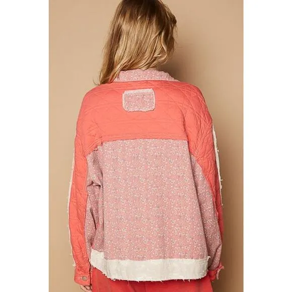 POL Floral Patchwork Zip Up Balloon Sleeves Chest Pocket Quilted Jacket | Coral
