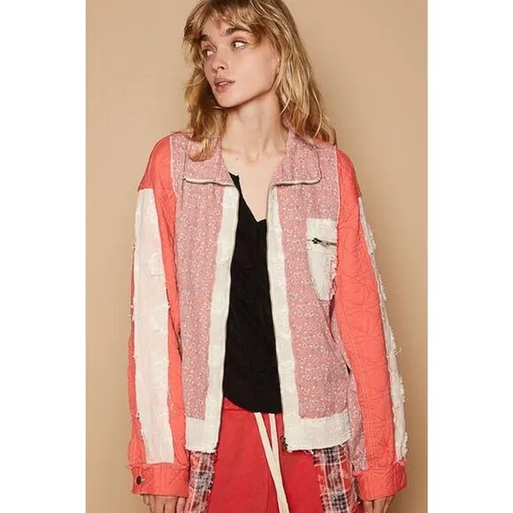 POL Floral Patchwork Zip Up Balloon Sleeves Chest Pocket Quilted Jacket | Coral